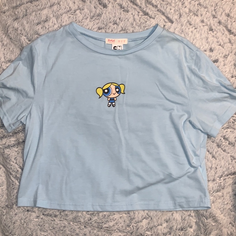 Light blue power, puff girls, bubbles crop top medium